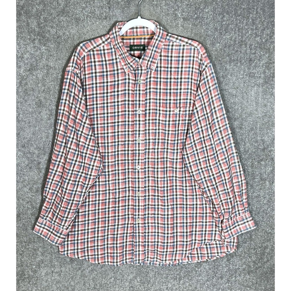 Orvis Flannel Button Down Shirt Mens Size XL Red Blue Plaid Pocket Long Sleeve